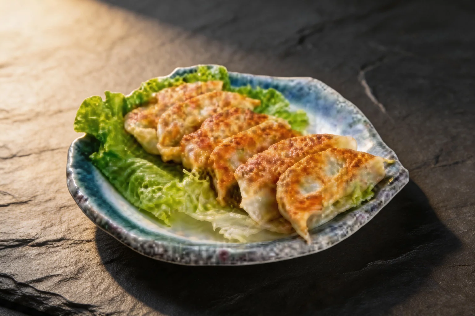 E2. Gyoza on a blue-rimmed plate with lettuce, dark slate background
