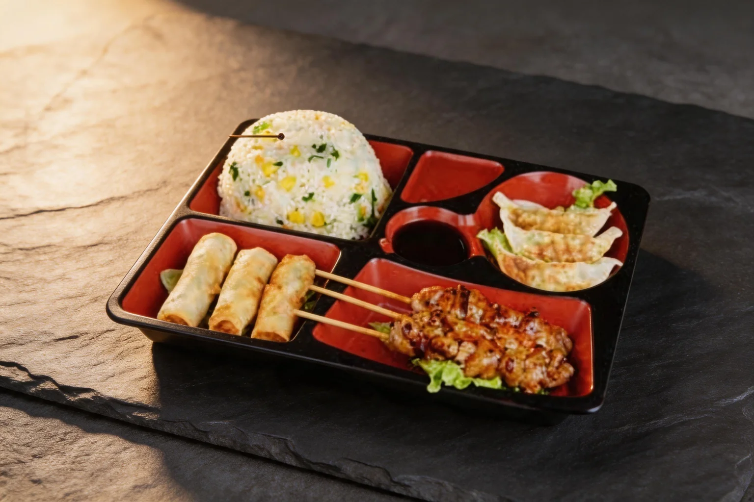 K4. Bento in a red and black compartment tray, dark slate background