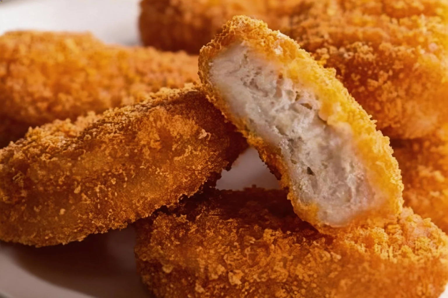 Breaded chicken pieces on a white plate