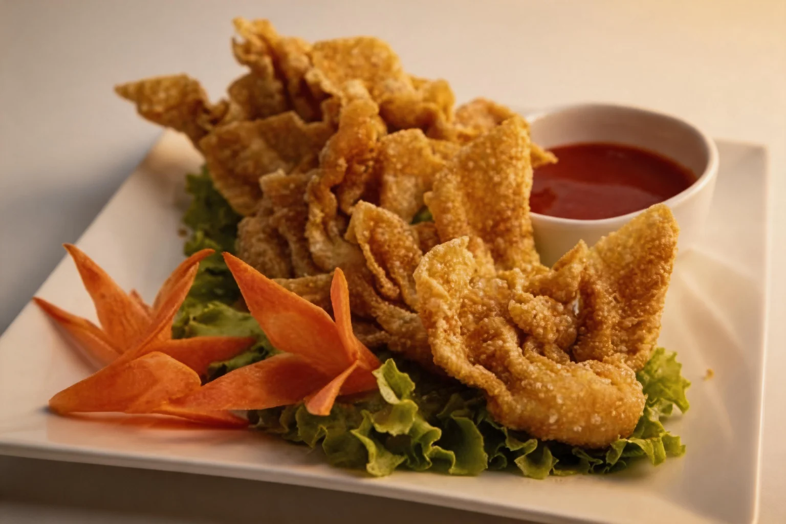 Wantan on a white square plate with lettuce, carrot and a small bowl of red sauce