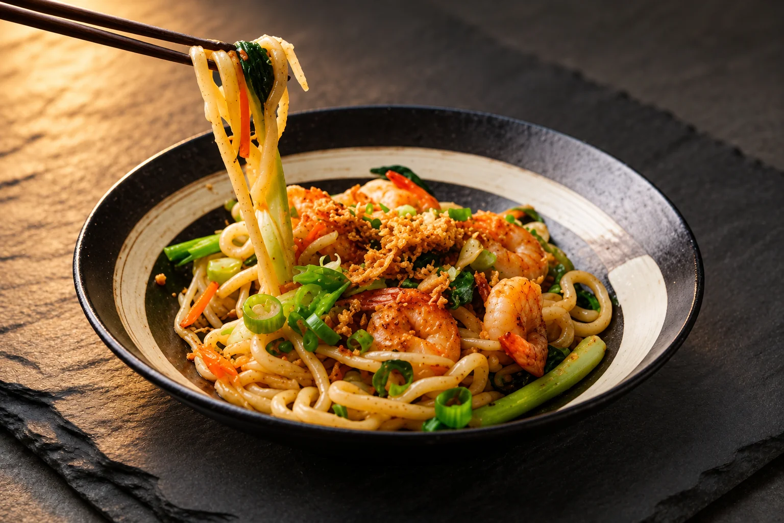K8. Udon sauté in a black bowl with a cream rim, with chopsticks, dark slate background
