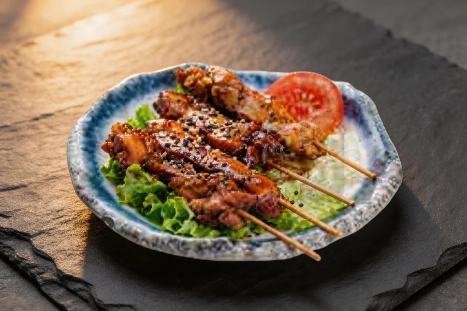 E8. Yakitori on a blue-rimmed plate with lettuce and tomato, dark slate background